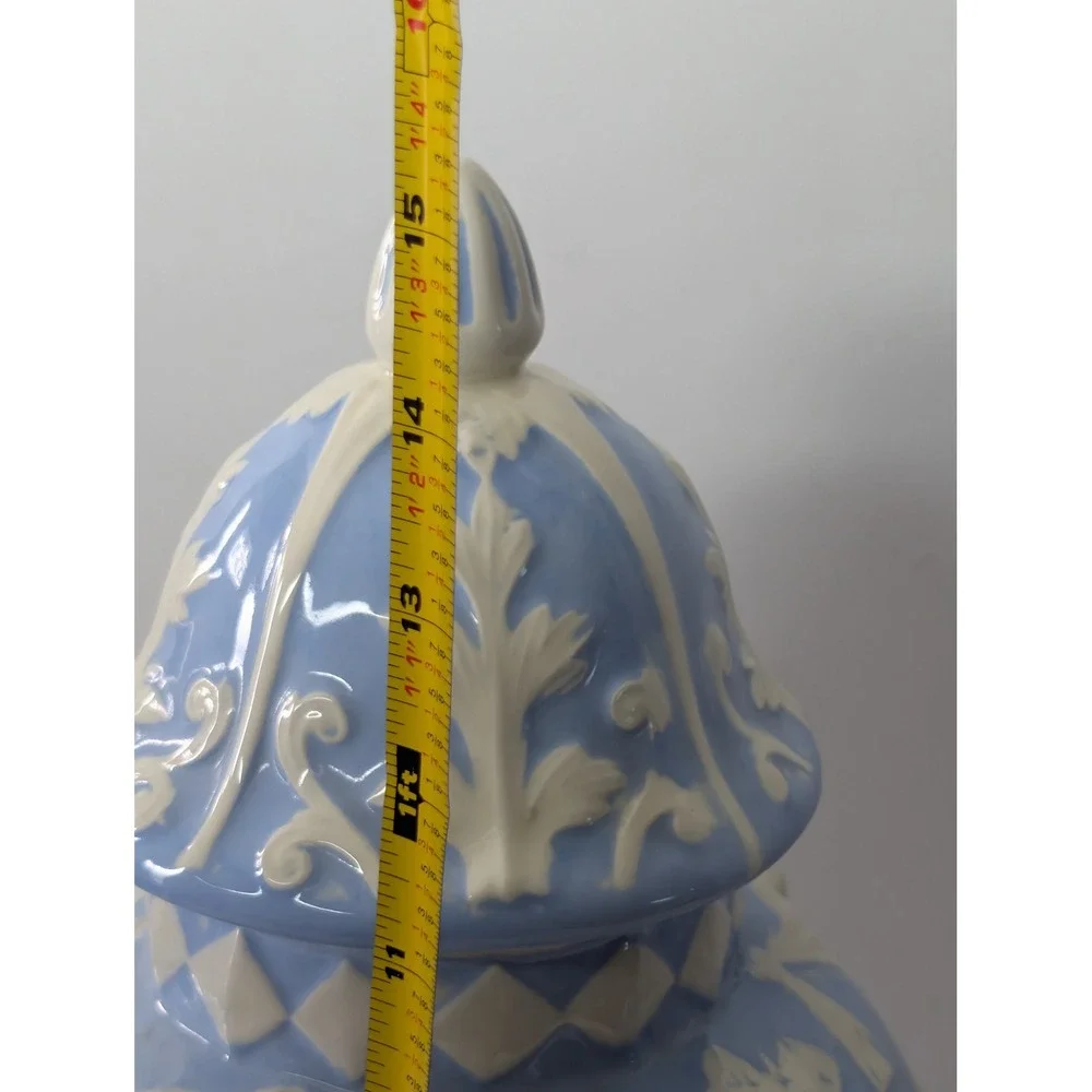 Blue and White Ceramic Cherub Ginger Jar Ornate Relief Urn w Lid 15i